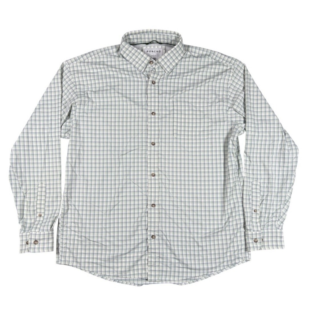 PONCHO Button-Up Fishing Shirt Mens L Regular Fit Plaid Green Gray Long Sleeve